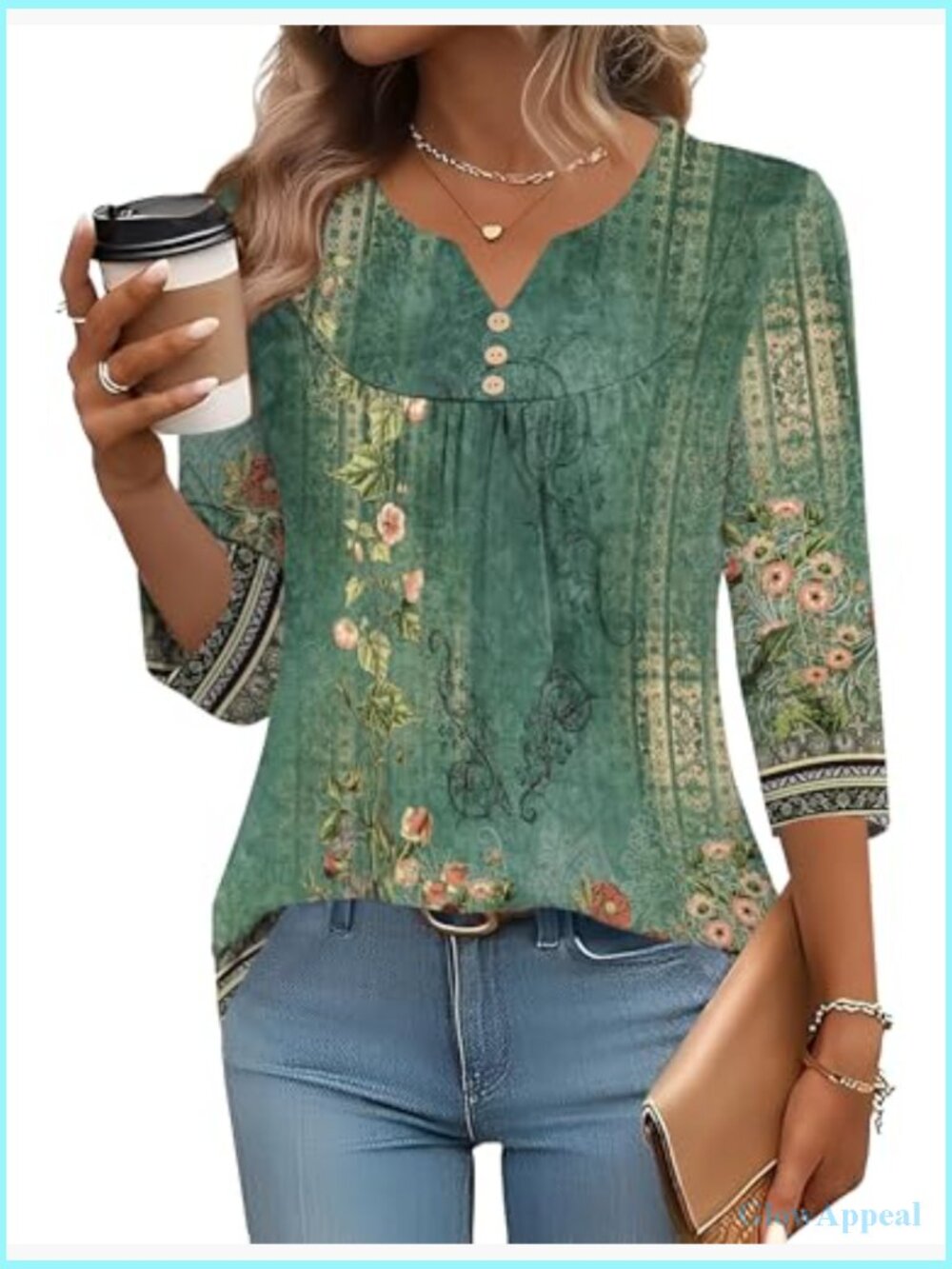 Dressy Casual Henley V Neck Blouse 3/4 Sleeve Loose Fit Tunic Summer Top - Picture 2 of 7